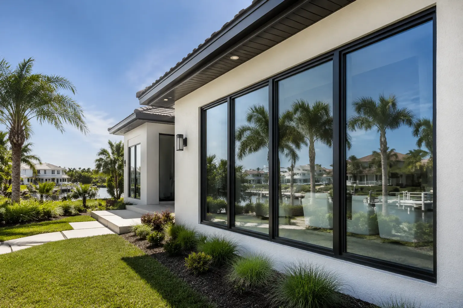 AI-generated representative image of black-framed impact windows on a Southwest Florida home