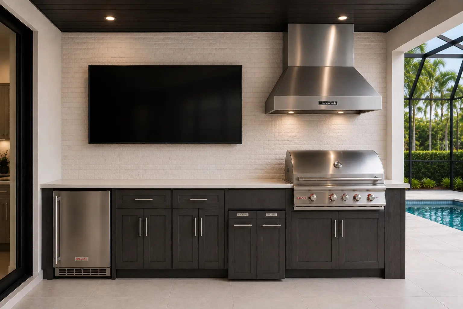 Completed compact outdoor kitchen with blue WeatherStrong cabinets and stainless appliances