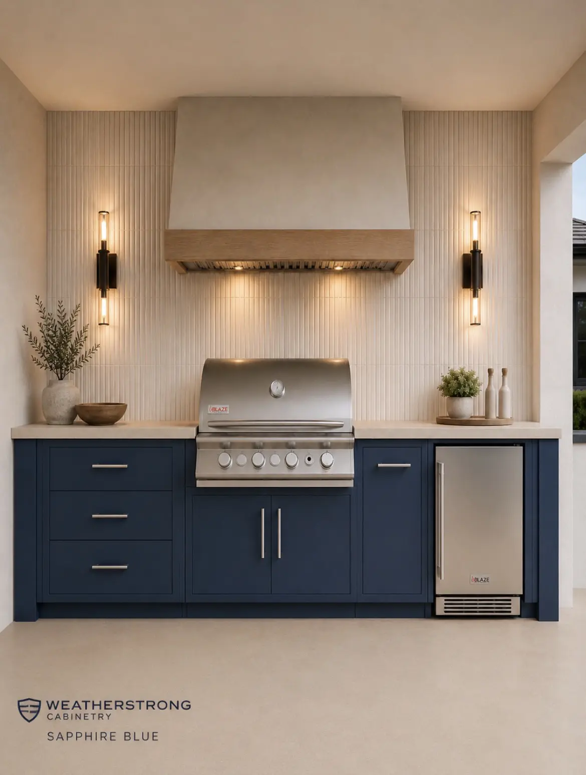 WeatherStrong manufacturer inspiration showing Sapphire Blue outdoor cabinetry